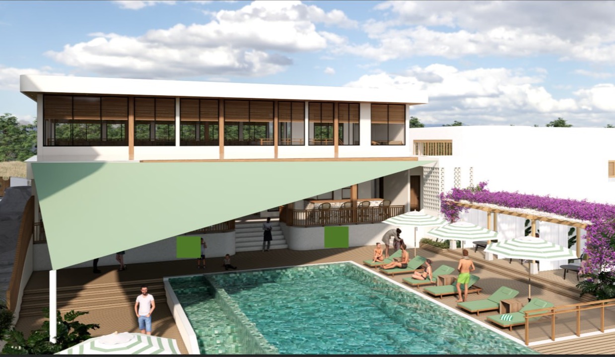 Architectural render of the Ants Pants pool at Family Nest, Uluwatu — two-storey restaurant building with a shade sail over the pool deck and loungers under striped umbrellas