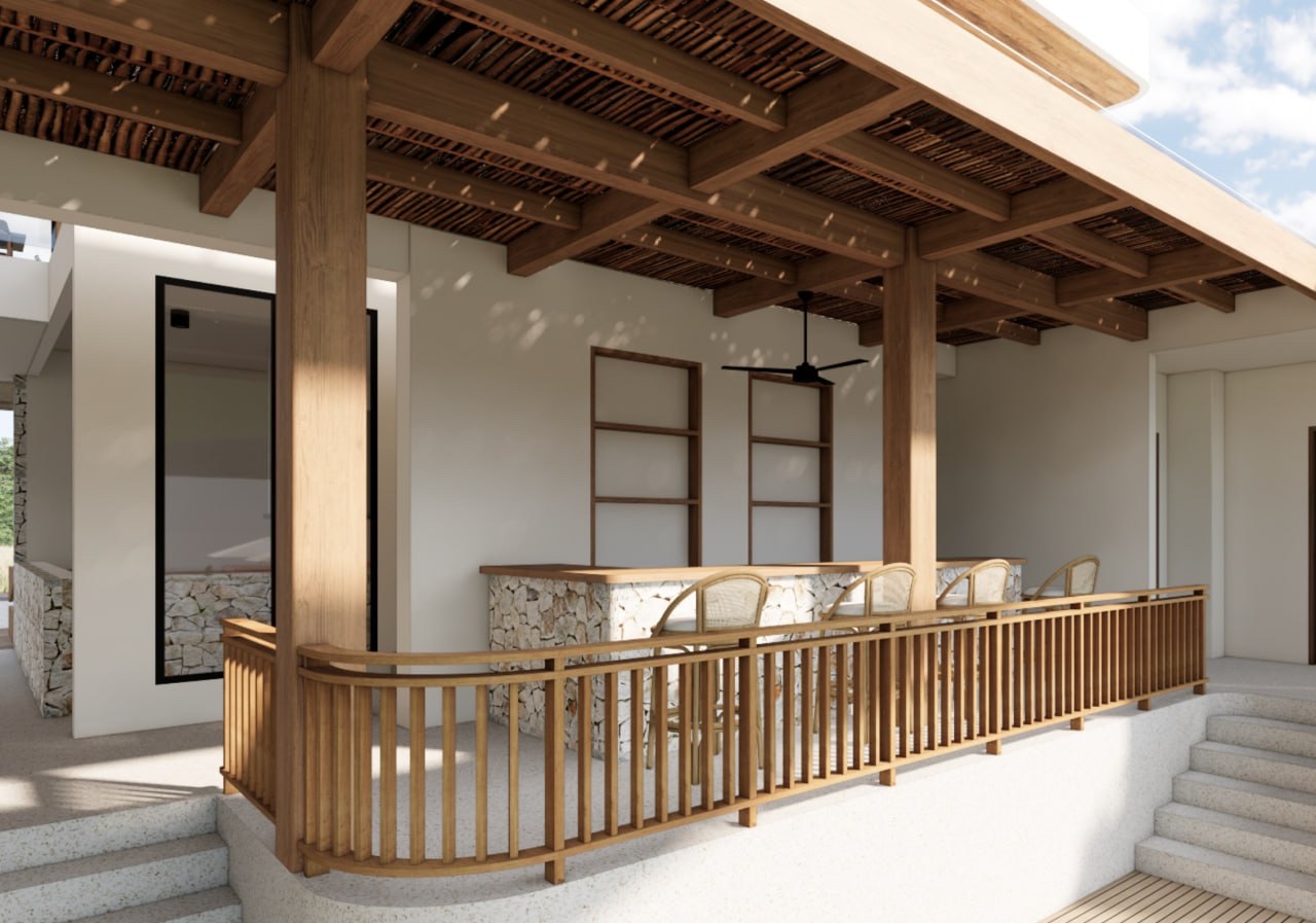Architectural render of the Ants Pants covered bar terrace — stone-faced counter, timber columns and balustrade under an exposed-beam roof