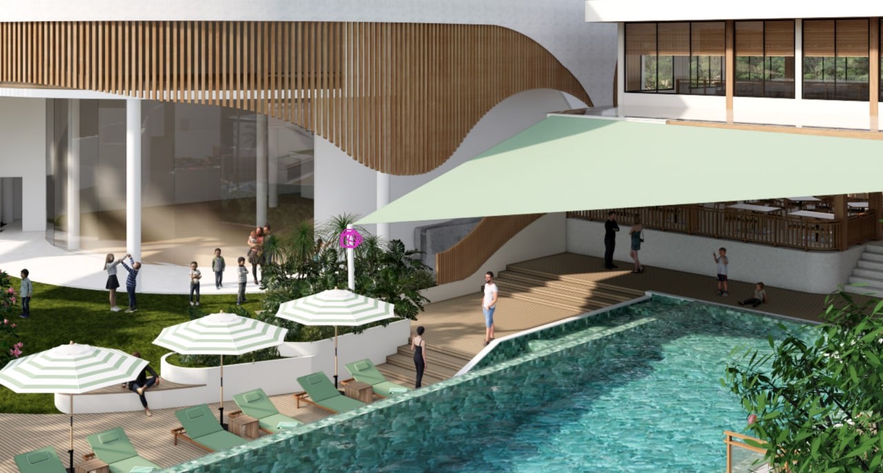 Architectural render of the Ants Pants pool from the lawn side, with children's play lawn, umbrellas and the restaurant's timber-screened upper floor