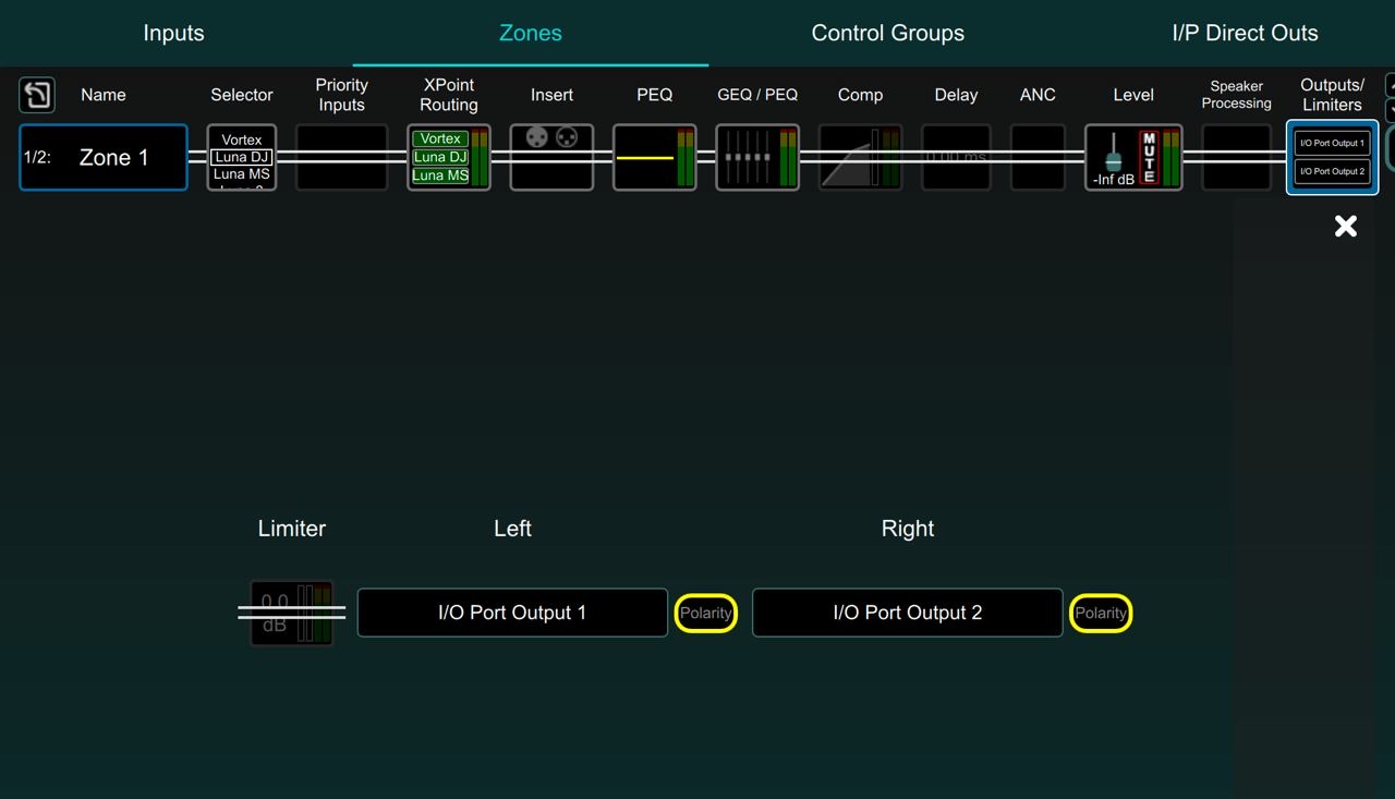 Zone processing chain of the Luna patch in AHM Editor — source selector, crosspoint routing, PEQ, GEQ, compressor, delay, ambient noise compensation and output limiters