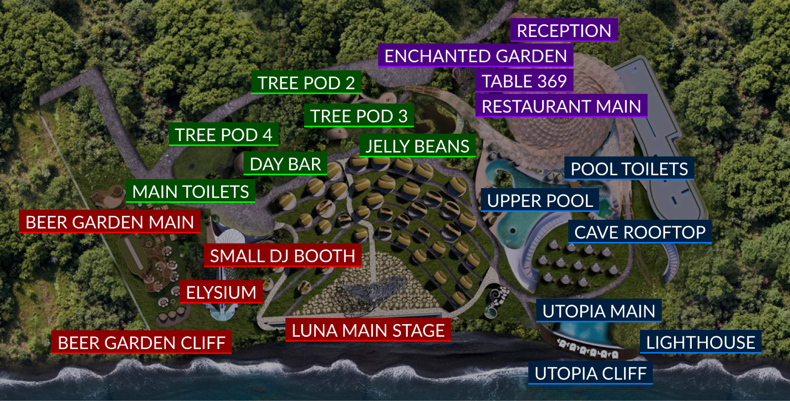 Map tab of the Luna staff app — aerial venue plan with all 21 audio zones named, Reception to Utopia Cliff, in four color groups
