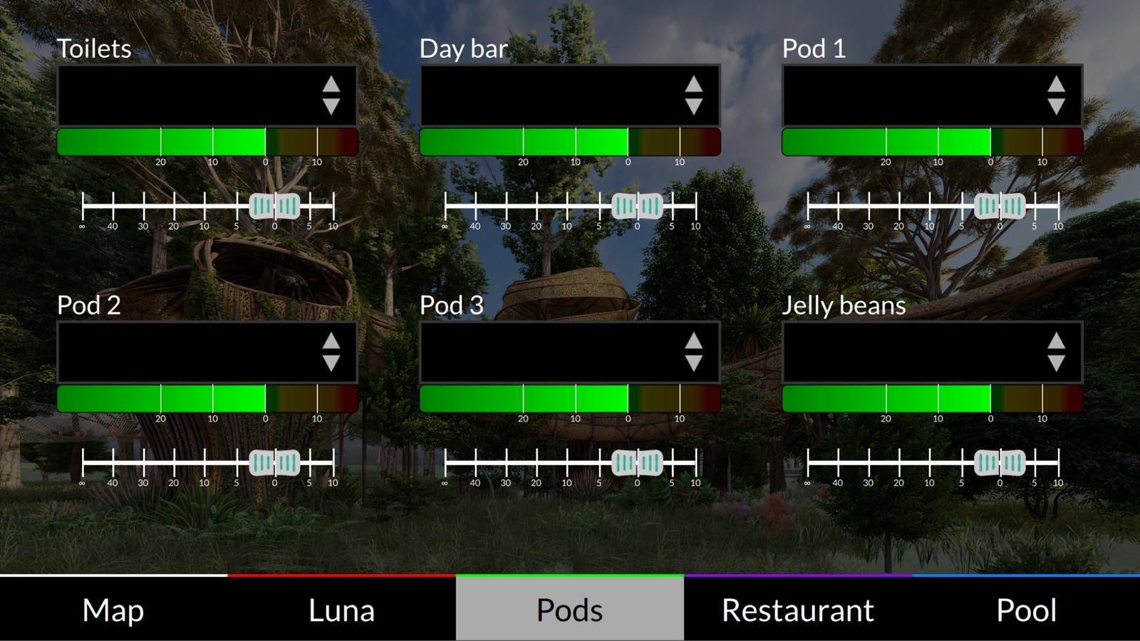 Pods tab of the Luna staff app, dated 29 November 2023 — six identical zone strips, each with a source selector, level meter and fader