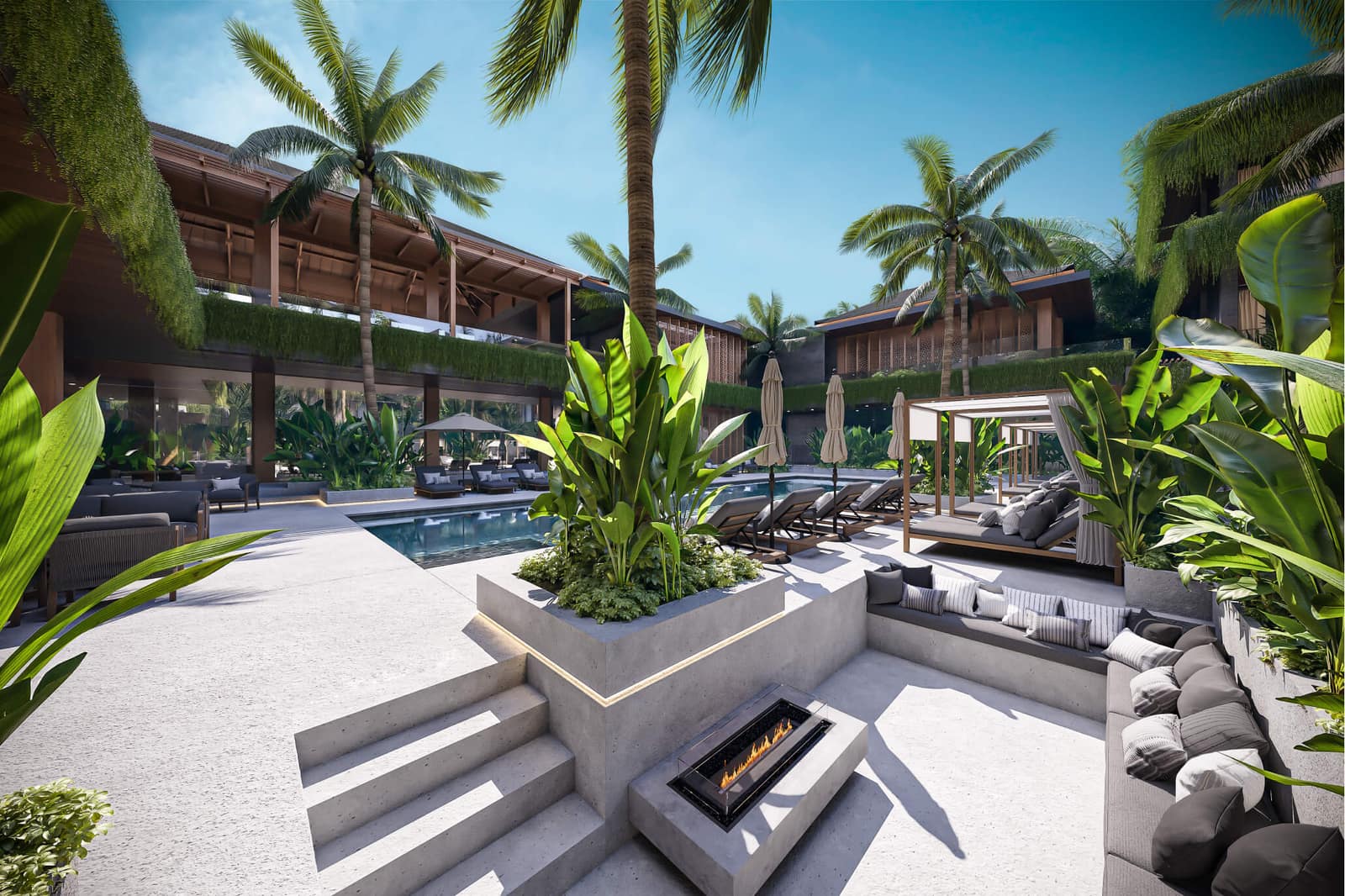 Architectural render of a NOVO Ubud courtyard — a sunken lounge with a fire feature, daybeds and a pool framed by palms and green-roof terraces, one of the common areas TAS.AC is designing sound for
