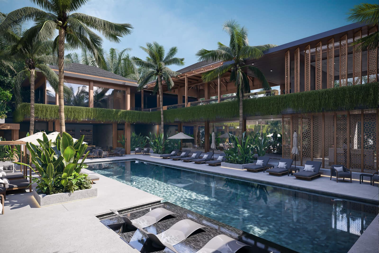 Render of the NOVO Ubud pool and sun-lounger deck with cabanas and timber lattice screens, a shared common area in the mixed-use complex