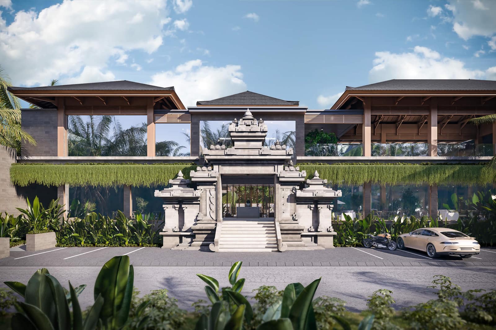 Render of the NOVO Ubud entrance — a traditional carved-stone Balinese gate and steps leading into the complex, with the two-storey timber-and-stone buildings behind