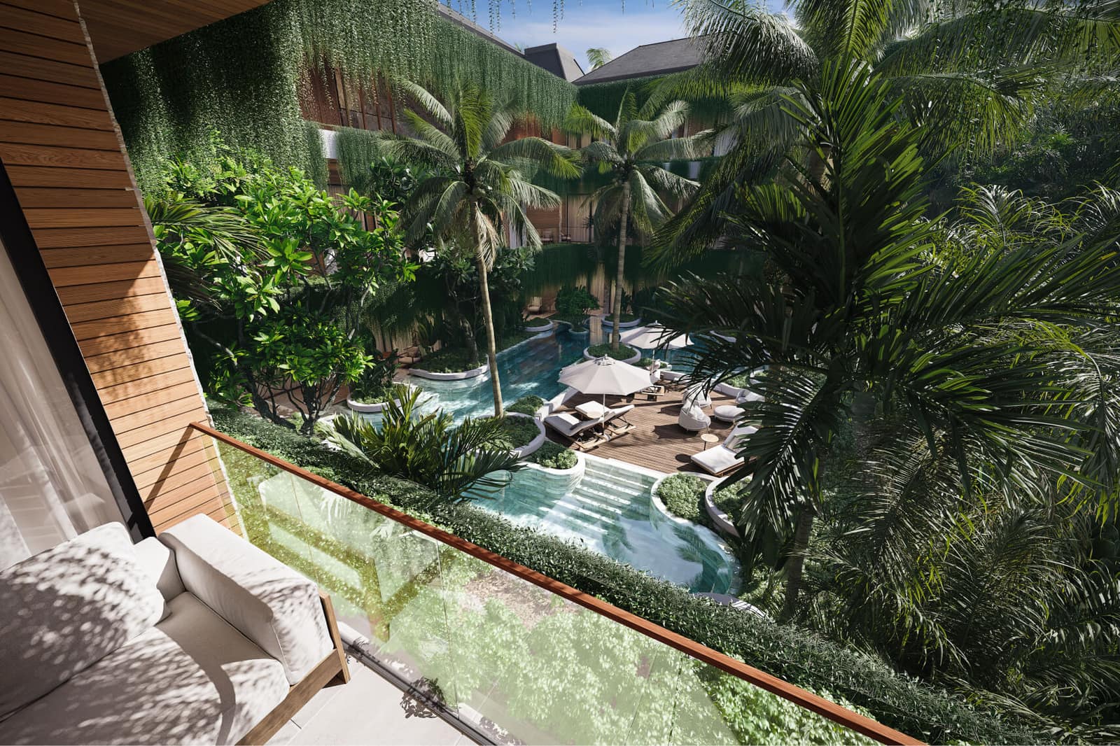 Render looking out from a NOVO Ubud apartment terrace over the pool garden and dense tropical planting